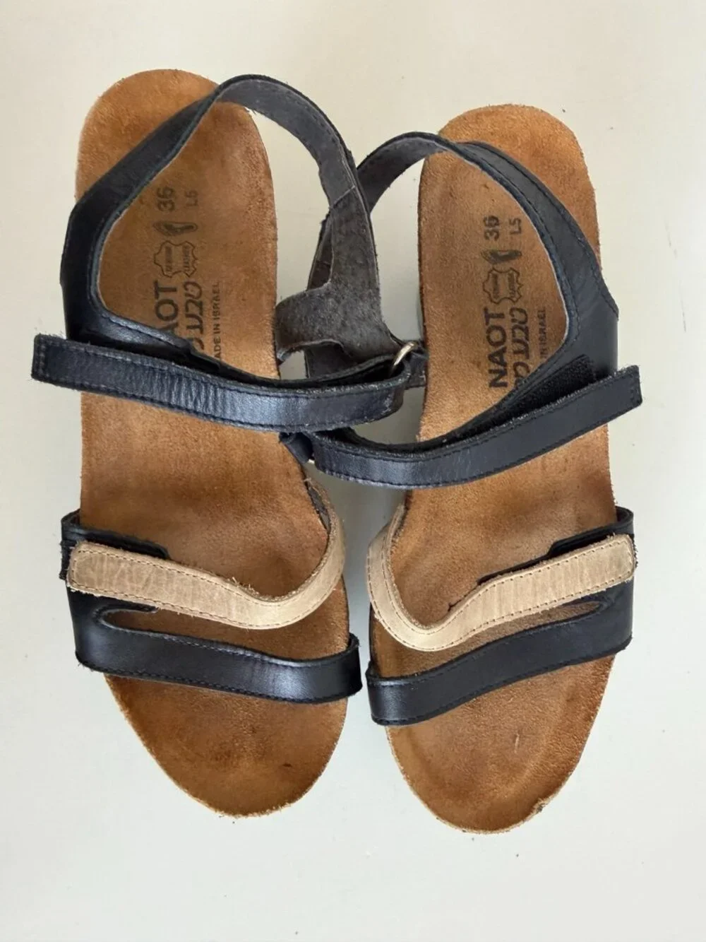 Naot Pixie Black Beige Leather Comfort Wedge Sandals EU 36